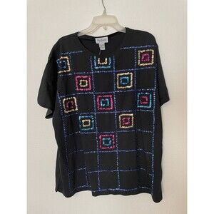 Vintage Oleg Cassini Sequin Embellished Black Top Abstract Glam Tee 80 Womens XL